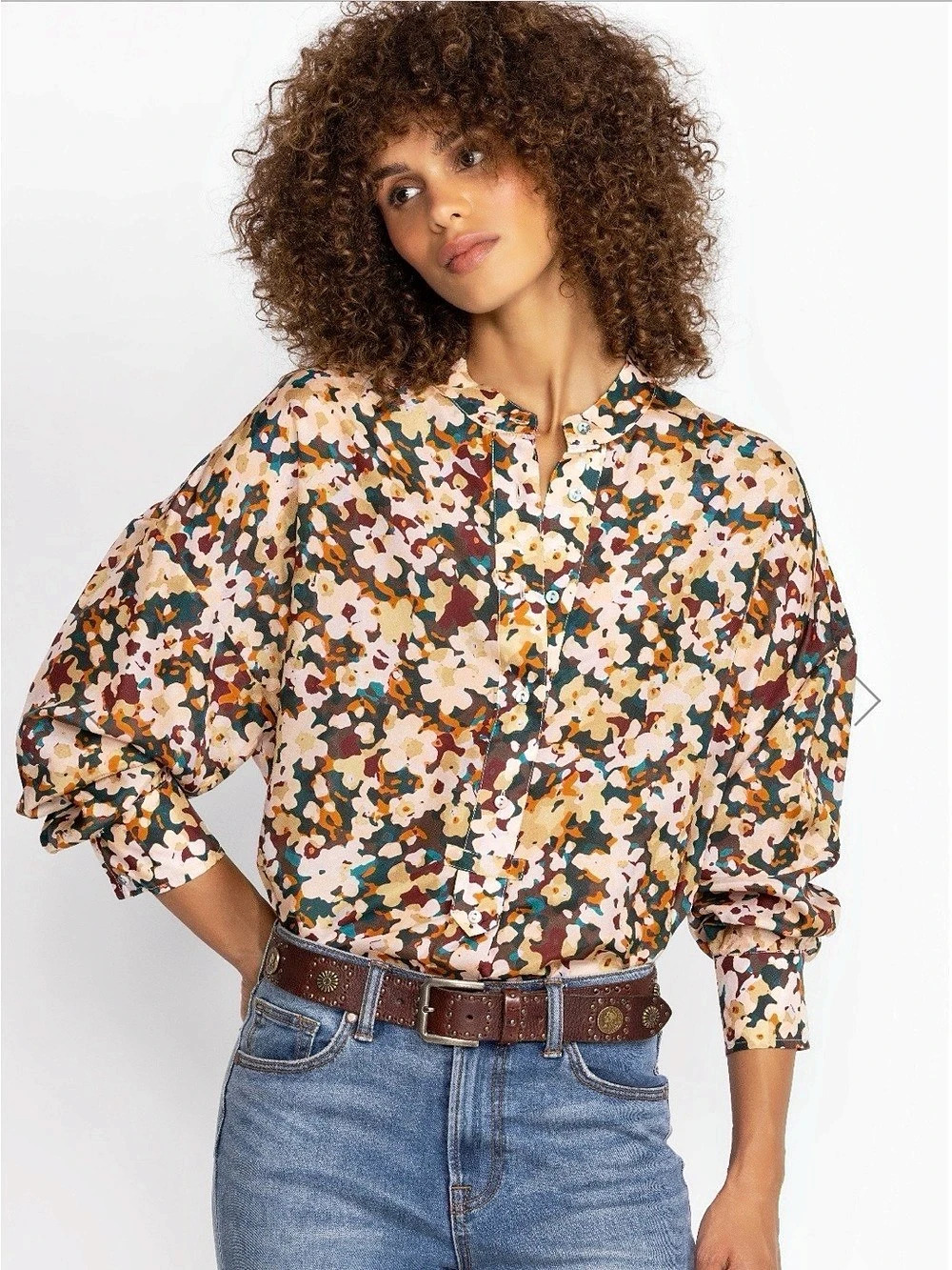 Johnny Was Calme Silk 1/2 Half Button Down Blouse in Floral Brown & Green New